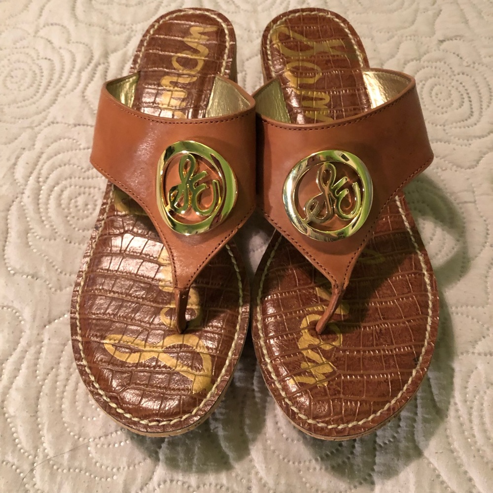 Sam Edelman tan chunky cork heel wedge sandals